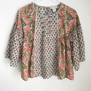 Rachel Zoe Peasant Mixed Floral Patchwork Bell Sleeve Top M Cotton Boho Red Blue